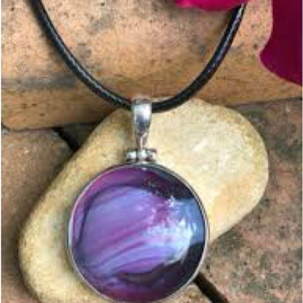 Abstract Fluid Art Hand-Poured Acrylic Necklace Elegant Purple Pendant Necklace - Picture 2 of 6
